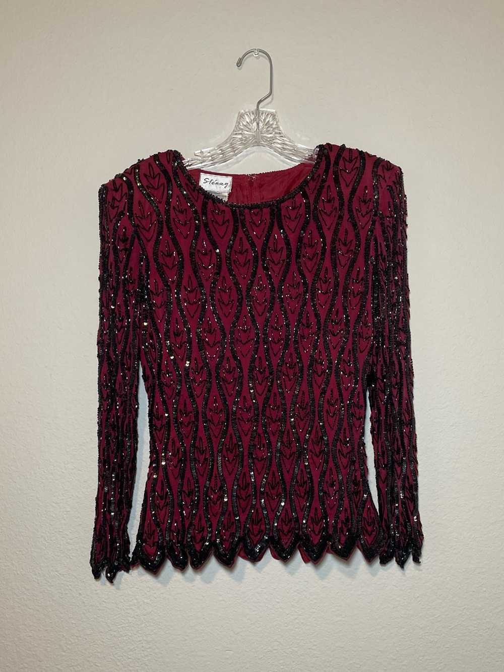 Vintage Stenay Jagged Hem 100% Silk Burgundy Beaded Cocktail Top Sz Large